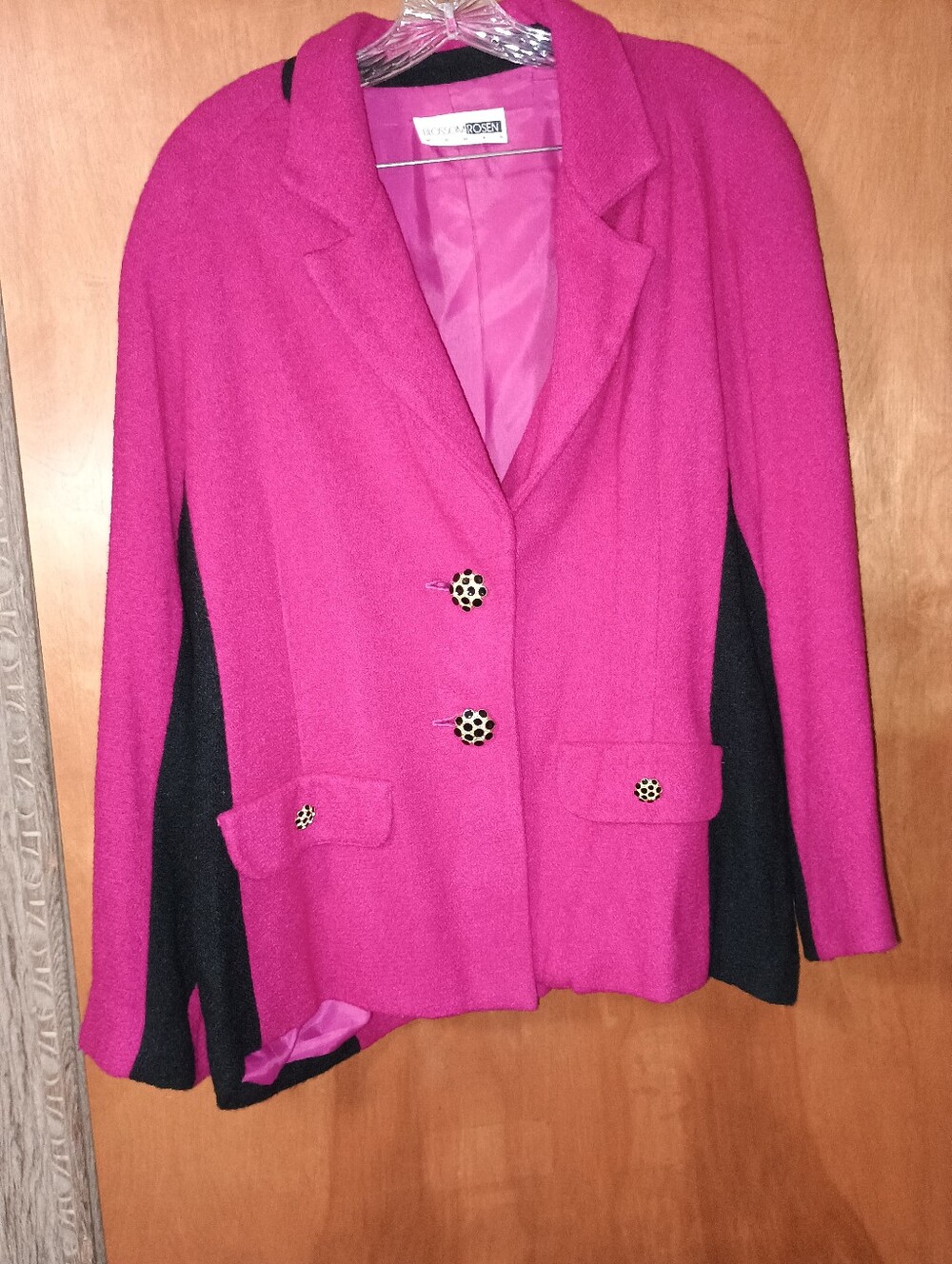 Vintage Blossom Rosen Woman Fuchsia and Black Wool Blend Blazer Jacket Size 14